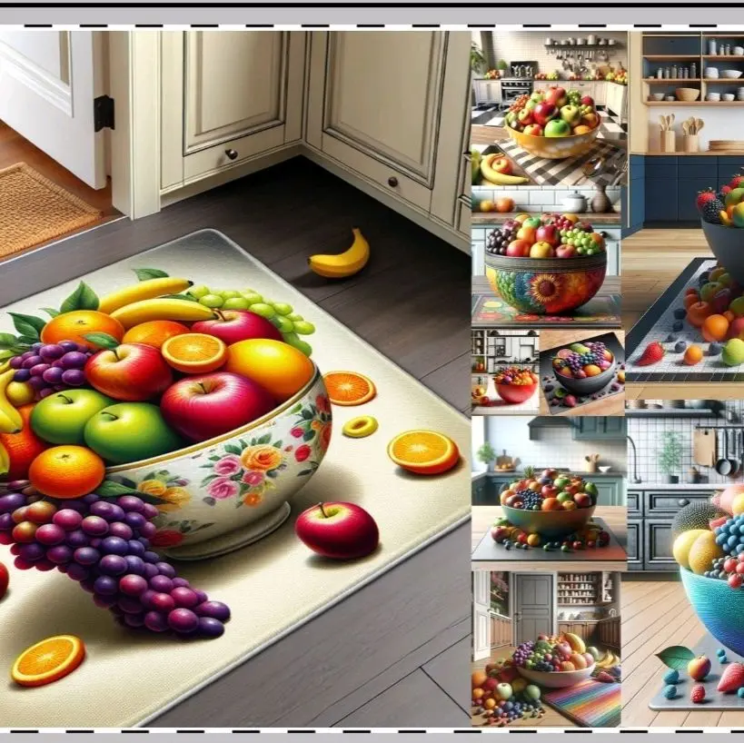 Colorful Fruit Bowl Polyester Doormat Vibrant Entryway Mat Kitchen Decor Housewarming Gift Indoor Outdoor Welcome Mat with Fruit Design