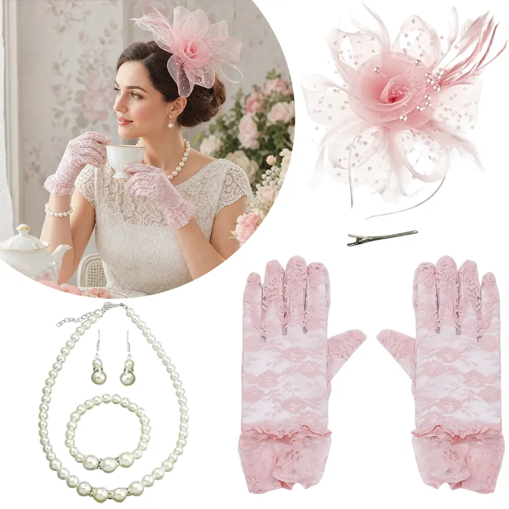 5 Pcs Pink Tea Party Accessory Set, Feather Fascinator Hat Lace Gloves Pearl Jewelry Kit, Elegant Vintage Costume Accessories for Wedding Bridal Afternoon Tea Party
