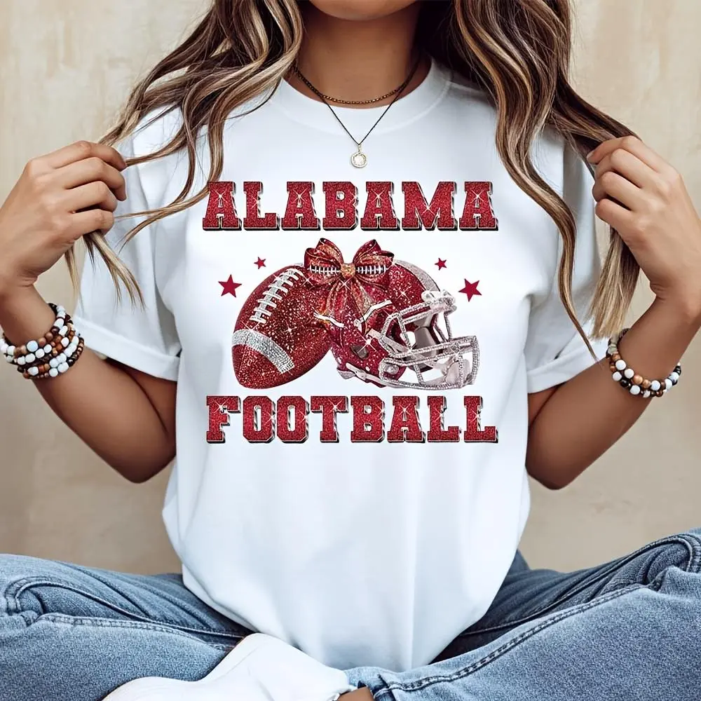 Alabama Football Glitter Helmet Bow Print T-Shirt, College Sports Fan Apparel, Game Day Casual Wear