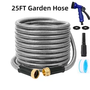 NW10Lbs 25FT/50FT/100FT Stainless Steel Metal Garden Water Hose with Multi-Function Nozzle 304 Stainless Steel Pipe Flexible Light weight