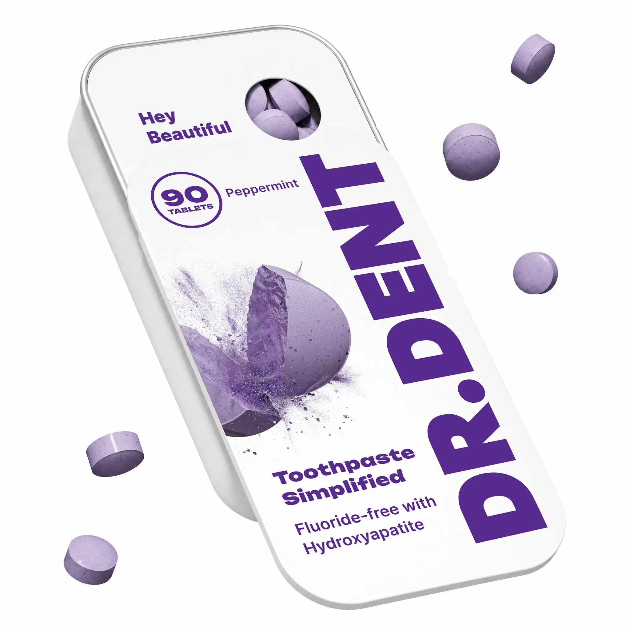 DR.DENT Purple Toothpaste Tablets with Hydroxyapatite & PAP | Fluoride-Free, SLS-Free, Vegan | Purple Tone-Correcting Formula | 90 Chewable Tablets per Tin