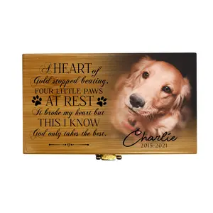 Personalized Pet Memorial Bamboo Cremation Urn Box with Photo & Name Print | Dog Cat Ashes Keepsake Memory Box Gift | A Heart Of Gold