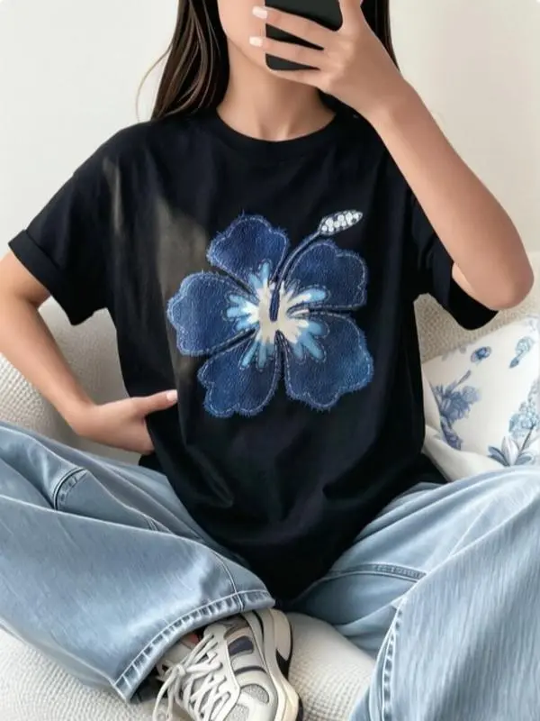 Frayed Edge Denim Applique Hawaiian Plumeria Print Tee Girly Retro Casual Wear Pure Cotton Loose Summer Top