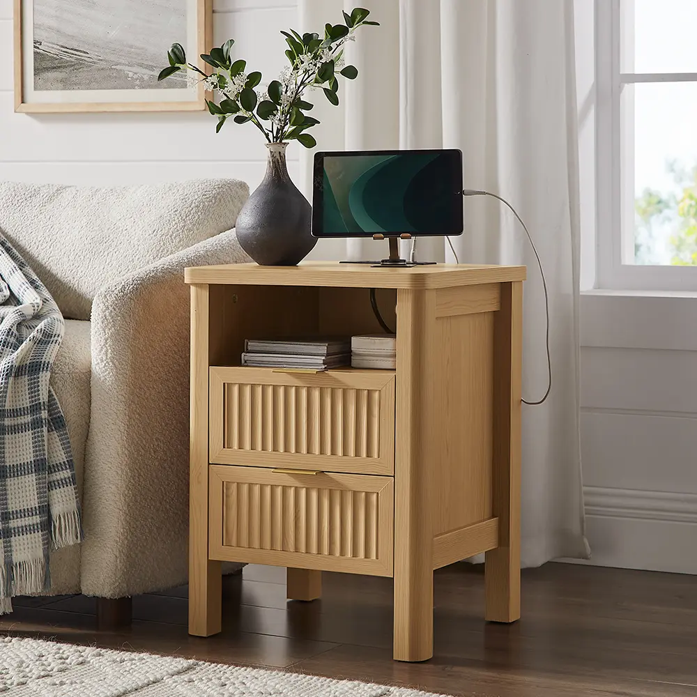 【SummerFinds】ONBRILL Set of 2 Bedside Cabinets - 23.62" Modern Wood Tables with Fluted Panels, Drawers, 2 USB Ports, Glide, Curved Profile, 17.72"W × 15.75"D × 23.62"H End Tables for Bedroom, Living Room