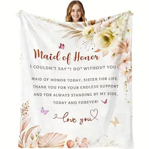 Elegant Bridesmaid Gift Blanket - Maid of Honor Floral Design with Heartfelt Message, Soft Polyester Fabric, Machine Washable, Perfect for Weddings and Special Occasions, Bridesmaid GiftFloral PatternMachine Washable Blanket, Bridesmaid Gifts-280GSM