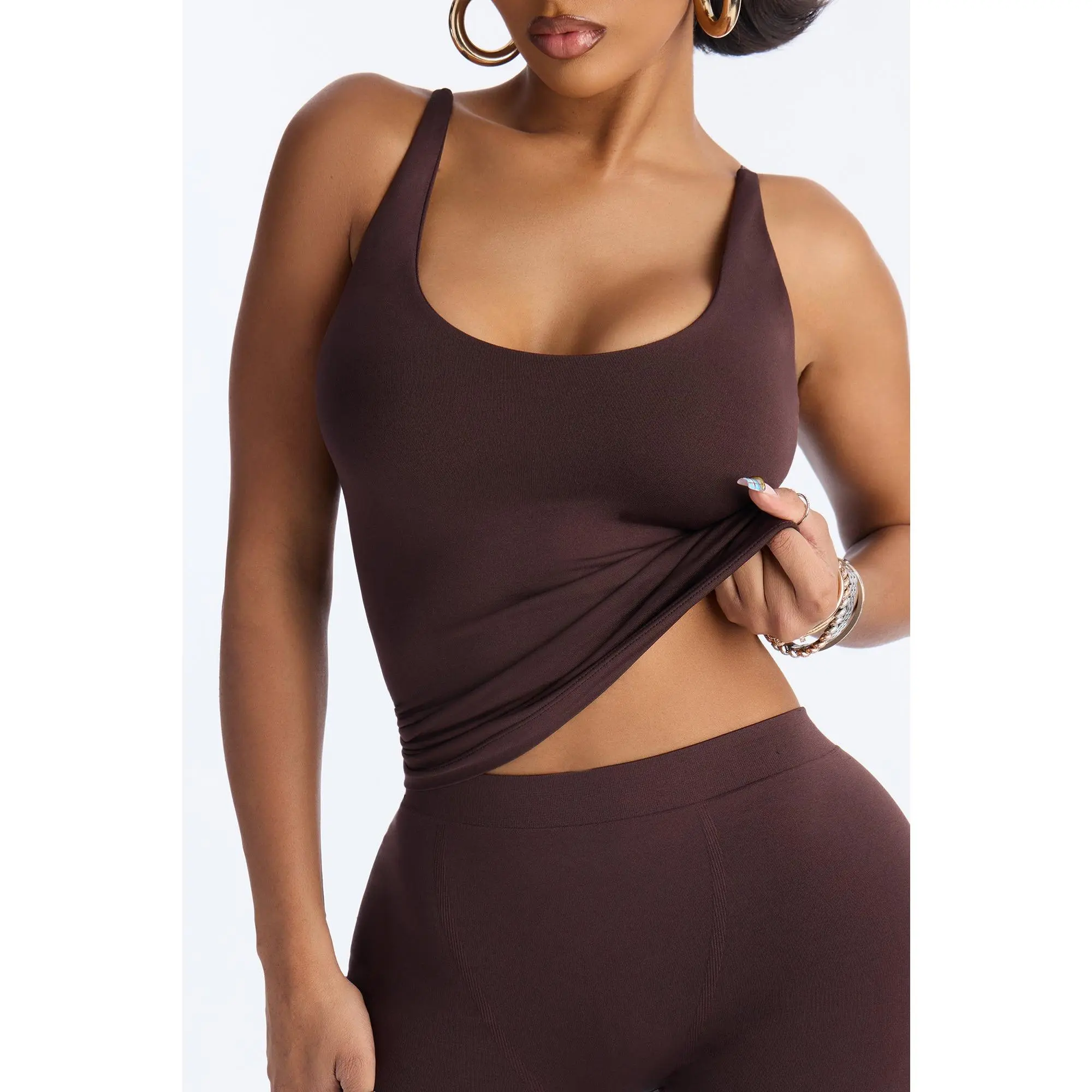 Seamless Smooth Double Lined Scoop Neck Cami Top - Chocolate