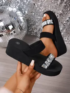 2026 New Women's 5cm Rhinestone Butterfly Thick Sole Wedge Sandals, Elegant Party & Vacation Shoes, Casual Solid Eva Sole Medium Width, Wedges heels sandals