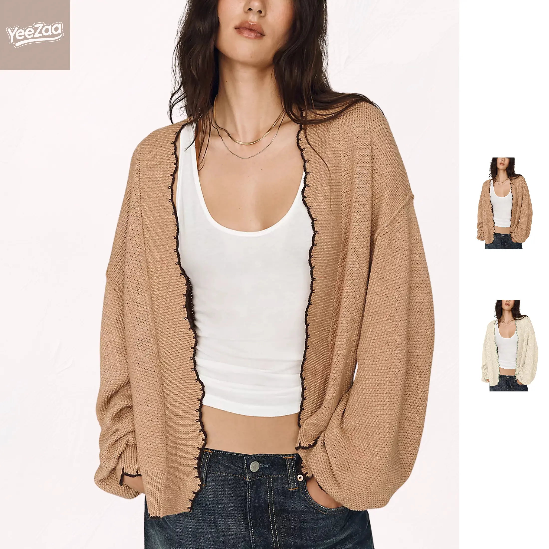 Women's Loose Balloon Sleeve Open Front Cardigan Sweater | Contrast Stitching & Scalloped Trim, Dropped Shoulder Long Sleeve Knit Top, Relaxed Fit Solid Color Daily Office Vacation Knitwear