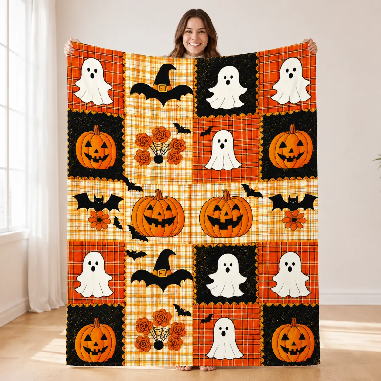 Countdown Sale Halloween Pumpkin Ghost Bat Plaid Patchwork Flannel Blanket Kids And Adults AC Blanket Soft Warm Cozy Throw Blanket Lightweight Sofa Bed Couch Bedroom Living Room Fall Autumn Home Decor Gift Viral Halloween Blanket