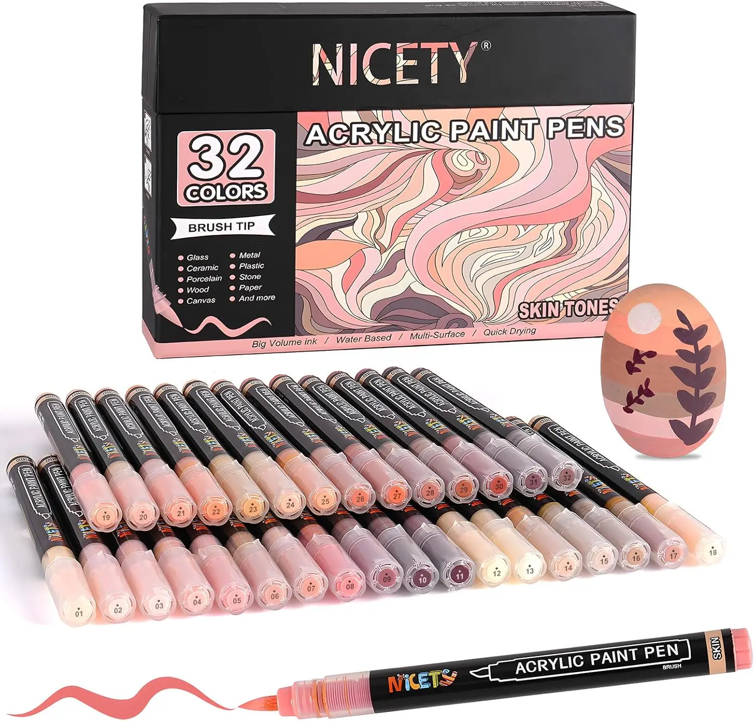 NICETY 32-Color Water-Based Acrylic Paint Markers, Brush-Tip Writing Tools for Rock, Stone, Wood Office Stationery & Supplies