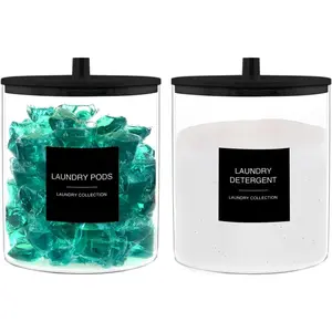 Glass Jars for Laundry Room Organization, Laundry Pods Container with 27 Labels, Detergent Holder with  Lid, Cute Storage Jars, Black (Set of 2)