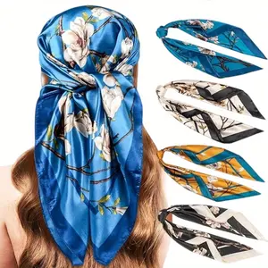Female 4PCS Breathable Soft Oversize Paisley Scarves - Silky Polyester 90cm Double-Sided Bandanas, Retro Large Square Shape, All-Seasons Elegant Fashion Accessories for Daily & Boho Outfits