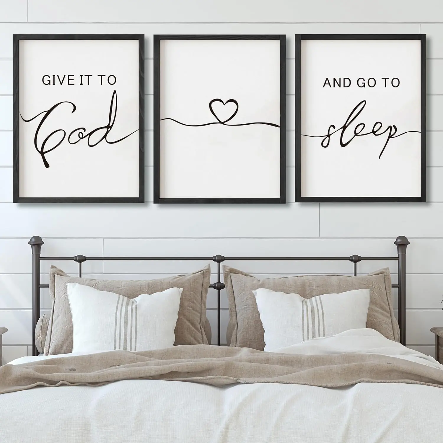 Set of 3 Framed Farmhouse Give it to God and Go to Sleep Signs 11x14” Above Bed Wall Decors for Bedroom Wood Signs (11x14 inches)