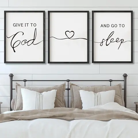 Modern Farmhouse Lightweight Wood Wall Signs Set of 3 - 11x14 in Framed Religious "Give it to God and Go to Sleep" Home Wall Art Decoration, Neutral Aesthetic Bedroom Reminder, Father's Day Gift for Parents, All Seasons Hanging Room Decor