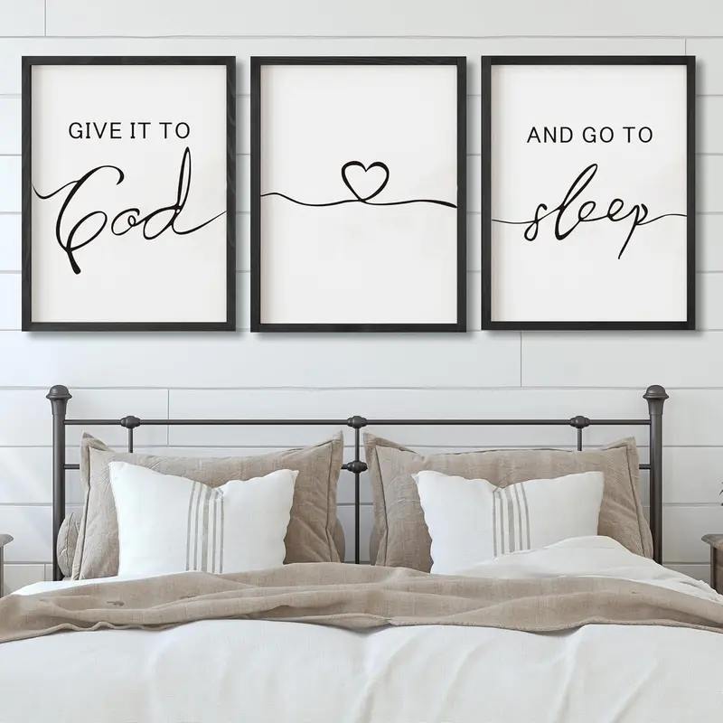 Modern Farmhouse Lightweight Wood Wall Signs Set of 3 - 11x14 in Framed Religious "Give it to God and Go to Sleep" Home Wall Art Decoration, Neutral Aesthetic Bedroom Reminder, Father's Day Gift for Parents, All Seasons Hanging Room Decor