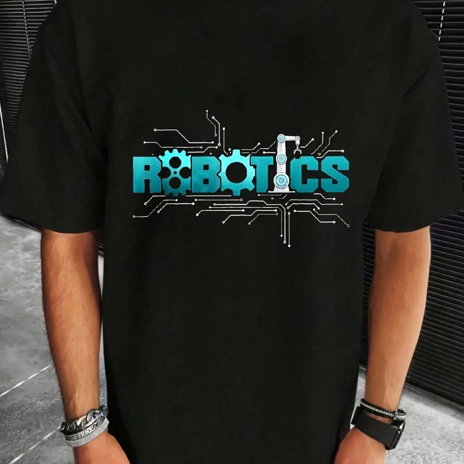 Men Big Tall Tech-Themed 3D Robotics T-Shirt Futuristic Robotic Arm Circuit Schematic Print STEM Apparel For Engineers P