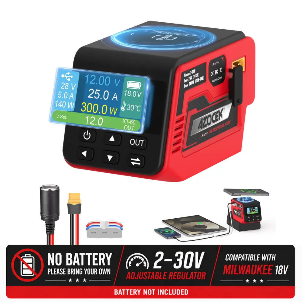 Azocek 300W Adjustable DC Voltage Regulator for Milwaukee 18V M18 Battery, 4-in-1 Power Station with 100W USB-C PD, 15W Wireless Charging, XT60 2-30V Output & Smart LCD [Battery Not Included]