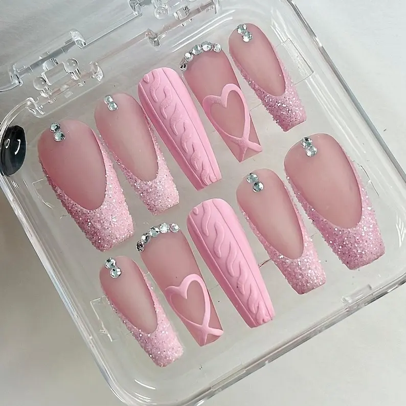 Pink French Tip with Heart Extra Long Coffin Press On Nails, Luxury Fake Nails