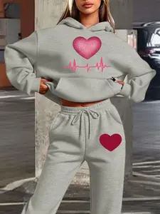 Women's Hooded Sweatshirt Set, Fall & Winter Heartbeat Line Print, Sweet Casual Fitted Style, Sparkle Heart Design, Perfect for Dates and Casual