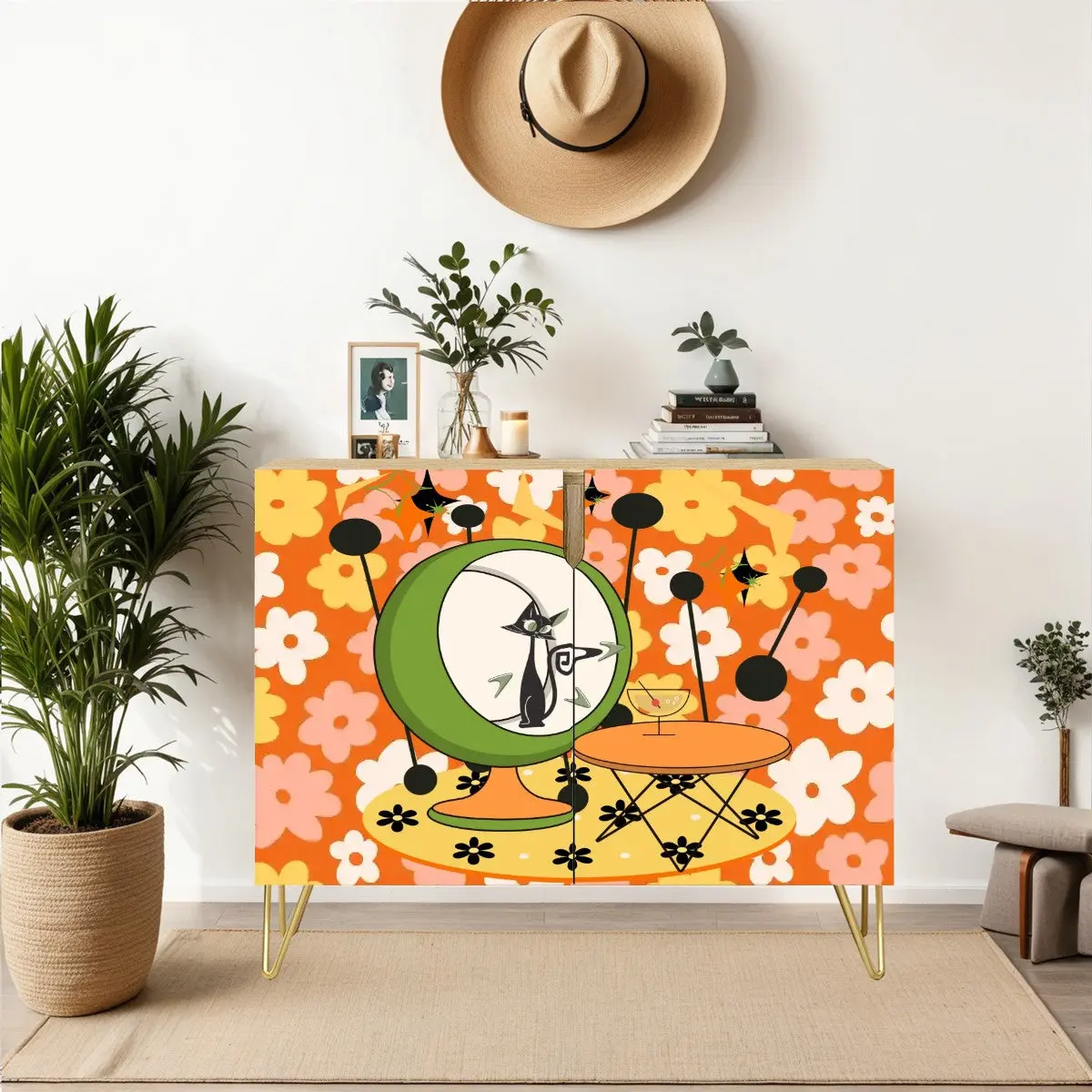 Atomic Groovy Cat, Orange White Mod Floral Kitschy Quirky Mid Century Modern Storage Organization Cabinet