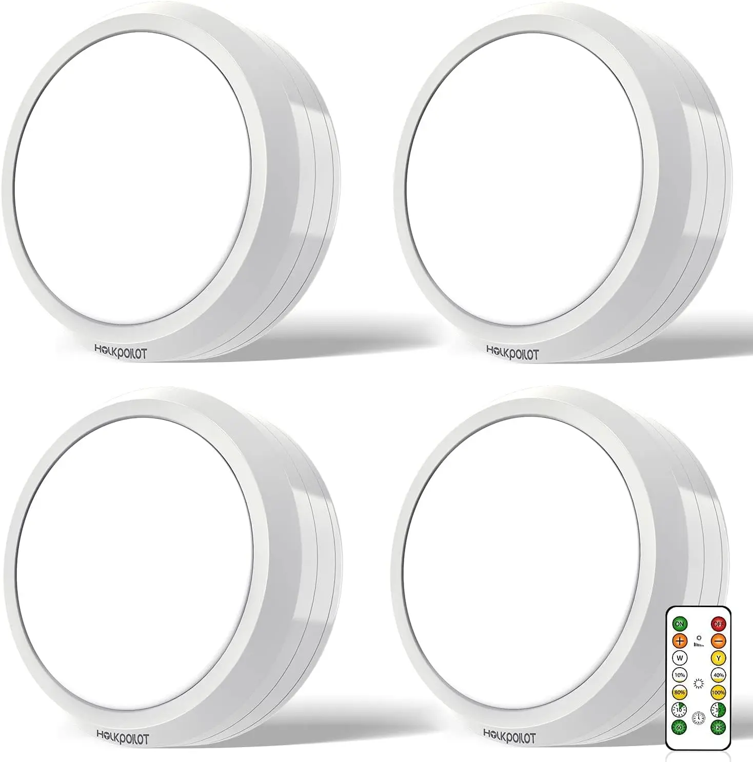 4-Pack Wireless Battery-Operated Puck Lights with Remote Control, Timer-Based Color-Adjustable LED-Accented Aesthetic Circular Ball Tap Lights, Stick-On White Indoor Under Cabinet Lighting, Color-Adjustable Tap Lights