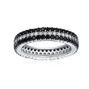 Pave Two Tone 3 Row Stripe CZ Black & White Eternity Band Ring Sterling Silver Pave Engagement Ring Stackable Engagement Ring