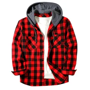Men's Casual Hooded Plaid Shirt, Long Sleeve Button Up Clothing, Fashion Outerwear