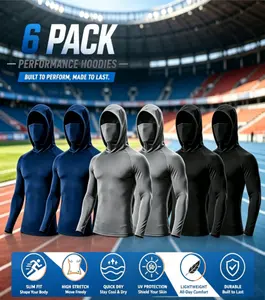 6 Pack Compression Sun Hooded Shirts, Breathable Quick Dry UPF Long Sleeve Active Tops with Attached Face Mask for Construction Fishing Outdoor Sports