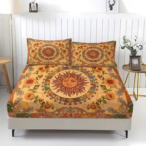 3Pcs Sunflower Sun Face Digital Printed Fitted Sheet Set, Ultra Soft Microfiber Bedding with Deep Pocket, Wrinkle Resistant Mattress Cover, Boho Astrology Decor Bed Linen for All Bed Sizes, All Season Bed Sheets