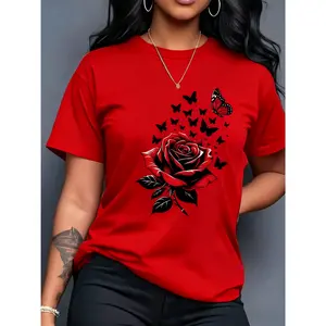 100% Cotton Rose Print Short Sleeve Round Neck Casual Top T-Shirt, All-Season Women's Wear, Multiple Colors Available