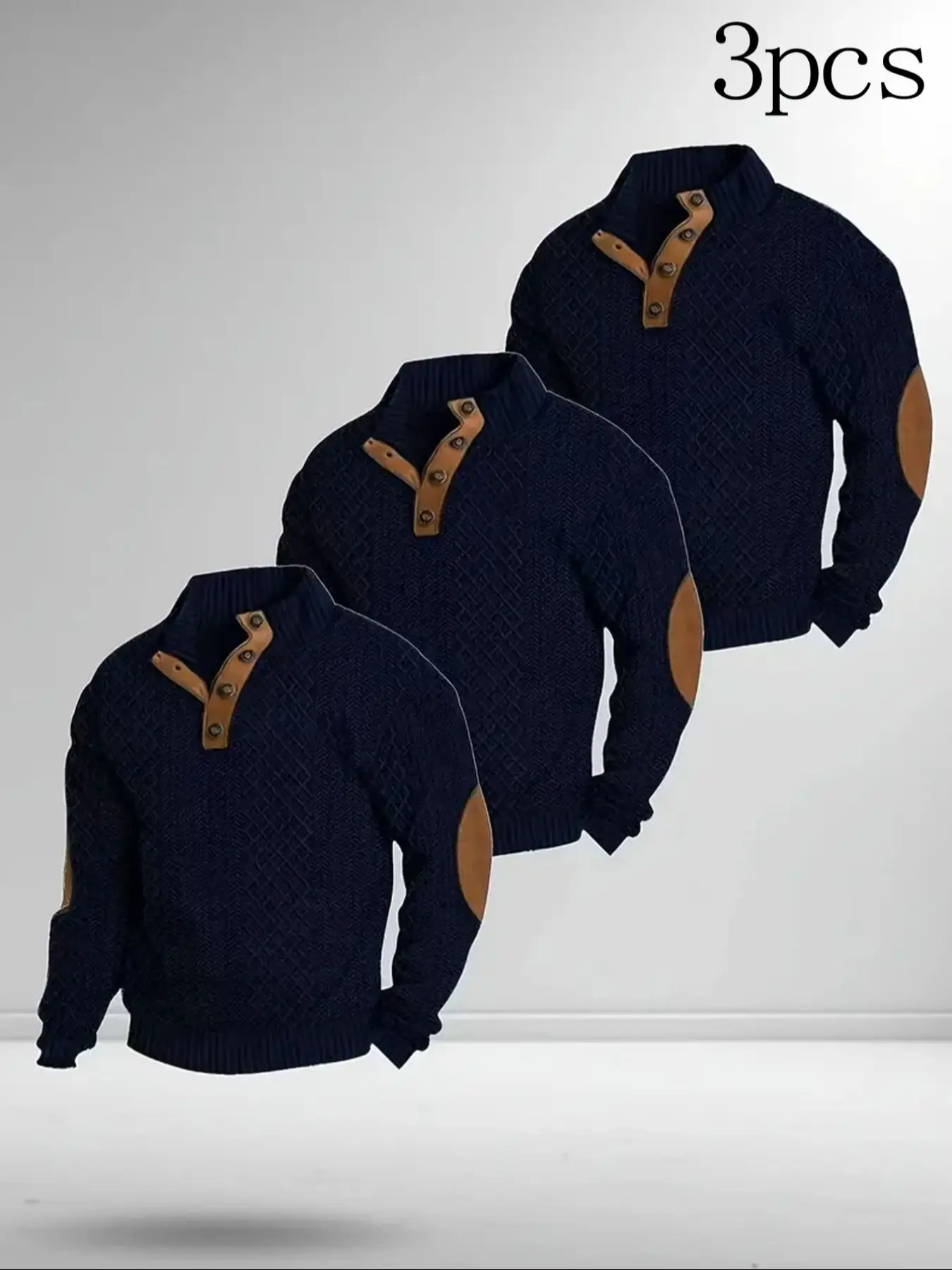 Men's Autumn Winter Warm Knit Sweater Set, 3-Piece Business Casual Half-Open Neck Pullover, Elbow Patchwear Commuter Top