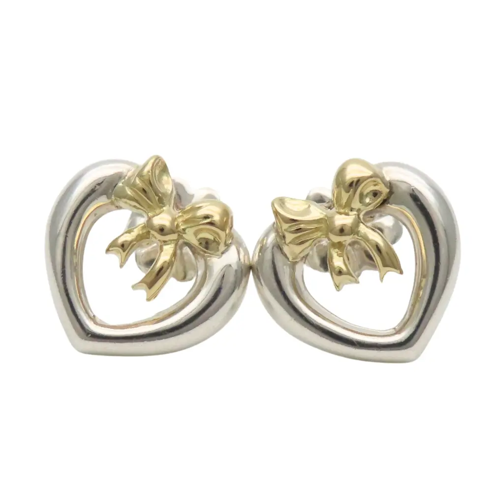 Pre-owned Tiffany & Co. Sterling Silver 925 (Ag925) Small Leather Goods Tiffany&Co. Heart Ribbon Au750 Silver Earrings