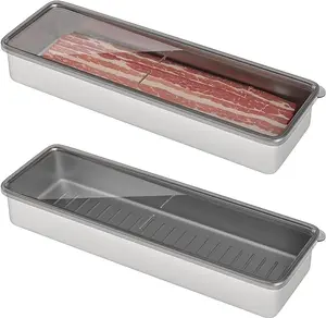Bacon Container for Refrigerator, 304 Stainless Steel Airtight Deli Meat Storage Containers for Fridge Dishwasher Safe Long Kitchen Food Storage Containers with Lids with Elevated Base