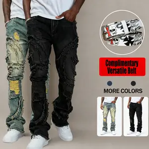 Men's stacked flare jeans, high street distressed stretch denim, slim fit bootcut pants, ripped frayed edge jeans, hip hop streetwear, vintage washed blue jeans, elastic stacked trousers, men's fashion streetwear pants, gift belt included
