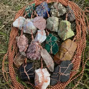 Natural Crystal and Gemstone Pendant Handmade with bare copper wire with matching ball chain