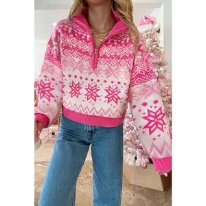Rose Red Christmas Snowflake Quarter Zip Collard Sweater