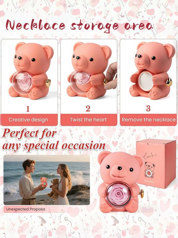 Heart & Bear Design Pendant Necklace with Rose Gift Box, Rhinestone Decor Necklace for Women & Girls, Fashion Jewelry for Party, Daily Decor, Trendy All-match & Exquisite Jewelry for Birthday Gift, Love Heart Necklace