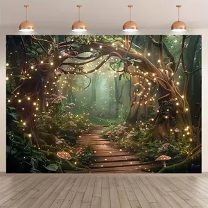 1pc Enchanted Forest Scene Tapestry with Twinkle Lights - Vibrant Polyester Photography Backdrop & Event Decor, 39x59/51.18x59/70.8x90.5 Inches, Perfect for Parties, Weddings, and Creative Photo Shoots, Forest Decor
