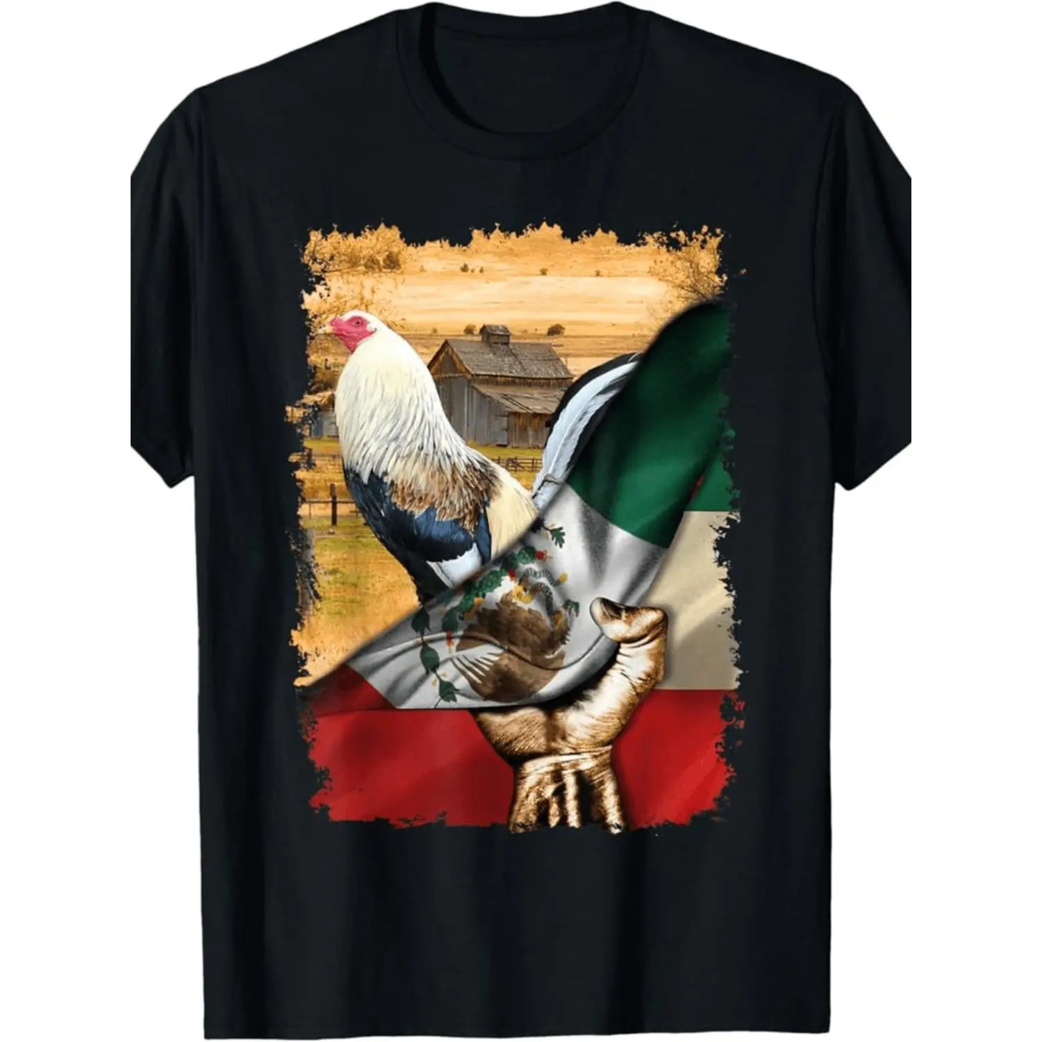 Men's Vintage Inspired Rooster Mexico Flag Graphic Tee 100 Cotton Short Sleeve Round Neck Machine Washable Patriotic Black T Shirt