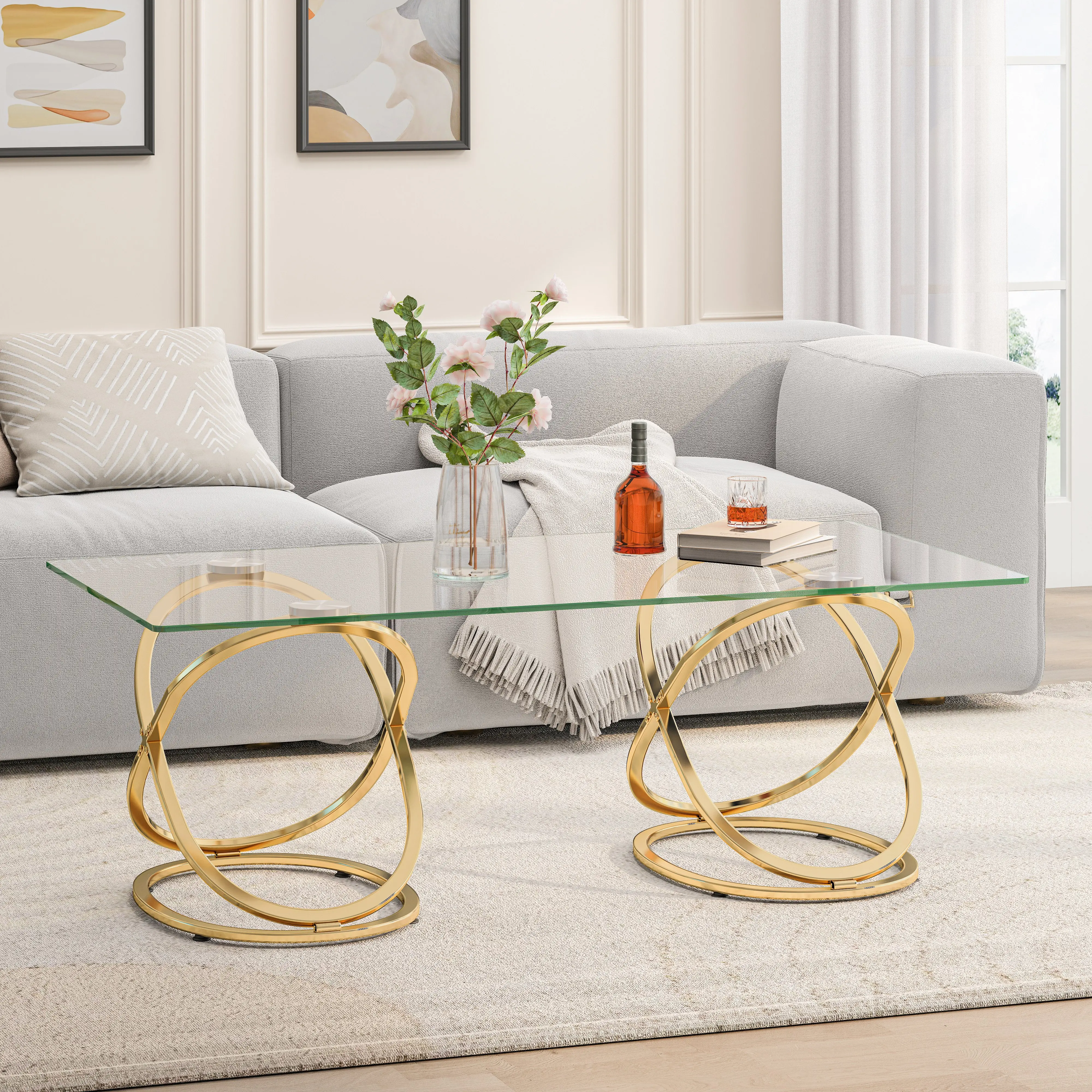 47" Modern Rectangle Coffee Table - Gray Tempered Glass Top, Gold Ring Base, Low Maintenance, Easy to Clean, 47" L x 23.6" W x 17.3" H, Assembly Required, Luxury Living Room Center Table, Coffee Tables, Metal
