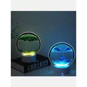 best selling*1pc Flowing Sand Art Painting Sports Circular 3D Ornament, Calming And Relaxing Dynamic Sand Art Landscape, Sensory Relaxation Desktop Decorative Art Lamp, Creative Luminous Flowing Sand Painting Ornament, Suitable For Living Room, Office, TV