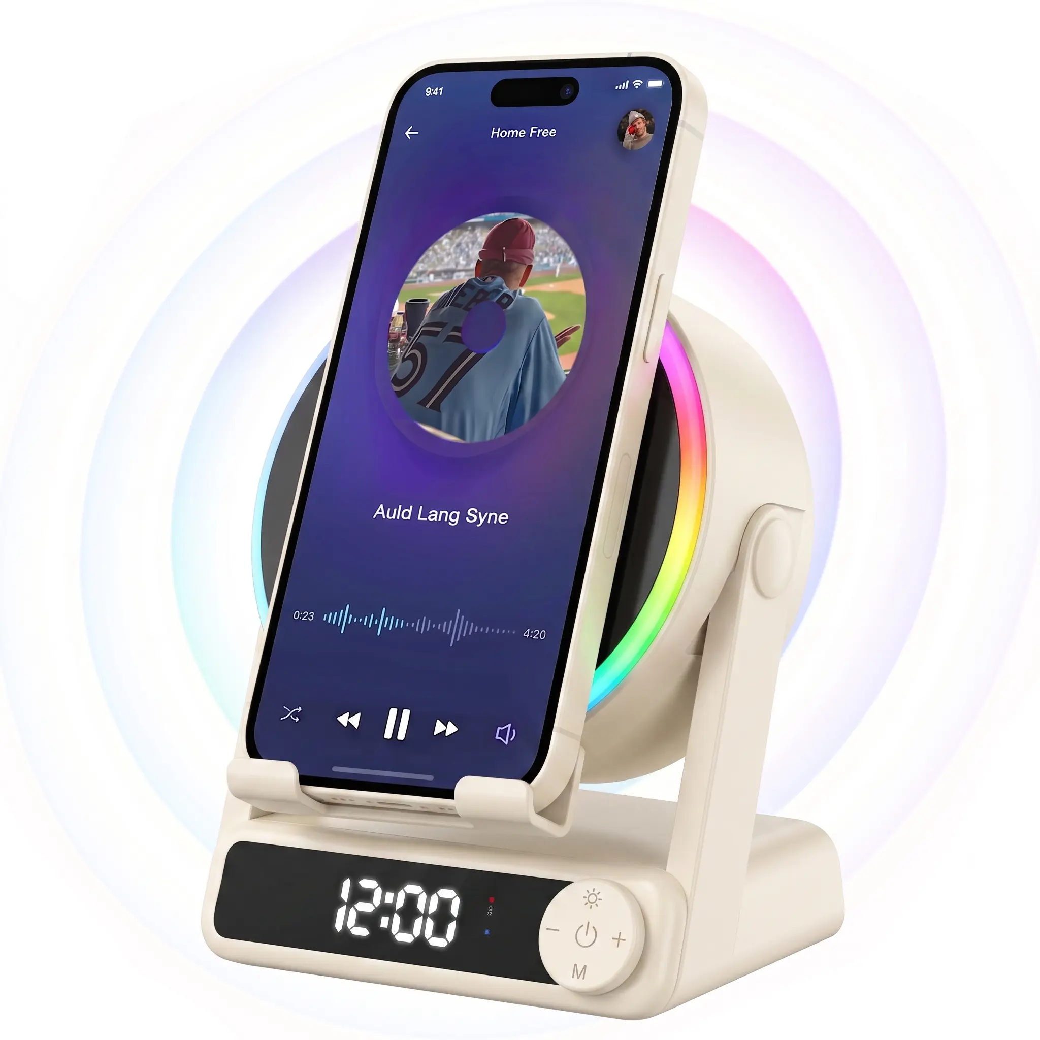 MFHHFM Aesthetic RGB LED Night Light Digital Alarm Clock Speaker, Wireless Induction Audio with Adjustable Phone Stand for Bedroom Desk Setup