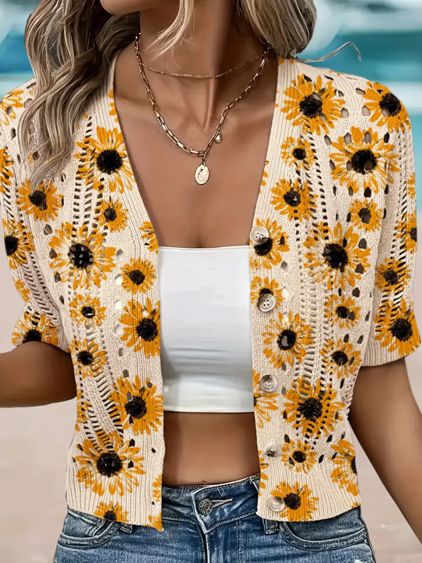 Sunflower Print Hollow Out Short Sleeve Knit Cardigan, Casual Loose-Fitting Outer Vest, Versatile Knitted Top for Everyday Wear