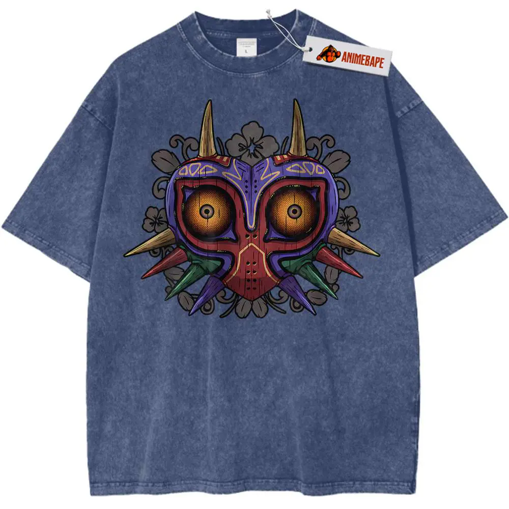 Majoras Mask Zelda Game Acid Washed T-shirt, Vintage Gaming Gym Shirts, Mineral Heavyweight Vintage Washed Cotton T-Shirt Sizes S-3XL For Gamer