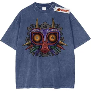 Majoras Mask Zelda Game Acid Washed T-shirt, Vintage Gaming Gym Shirts, Mineral Heavyweight Vintage Washed Cotton T-Shirt Sizes S-3XL For Gamer
