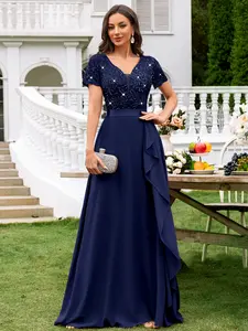 Miusol 24245A Women's Deep V-Neck Contrast Sequin Lace Ruffle Trim Chiffon Formal Party Bridesmaid Dress