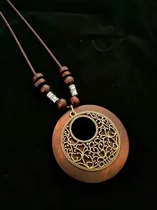 Boho Vintage Cotton Linen Necklace, Ethnic Style Distressed Round Ring Long Pendant, Unisex Party Holiday Gift Jewelry, Elegant Necklace, Alloy Necklace