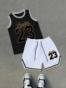 Two-Piece Set Men's Letter & Star Print Basketball Vest & Shorts, Loose Casual Sporty Basketball Sleeveless Top & Shorts for Daily Outdoor Wear, Men's Clothing for All Seasons, Vintage Basketball Jersey