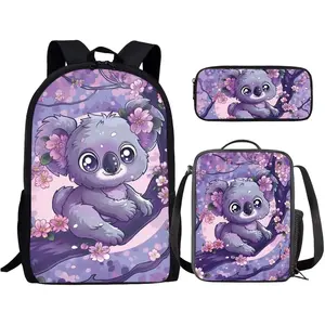 Renewold Cute Koala Cherry Blossoms Kids Teens Junior School Backpack Set Girls Book Bag Travel Casual Bag with Umbrella Drinks Side Pocket Schoolbag with Lunch Holder Pencil Case 3 Pieces Set