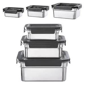 3Pcs 304 Stainless Steel Food Storage Containers with Lids, Nestable & Stackable, Leak-Proof Silicone Seal, 2500ML+1100ML+450ML, Dishwasher Safe, Straight Edge Black, Reusable Lunch Boxes for Meal Pre
